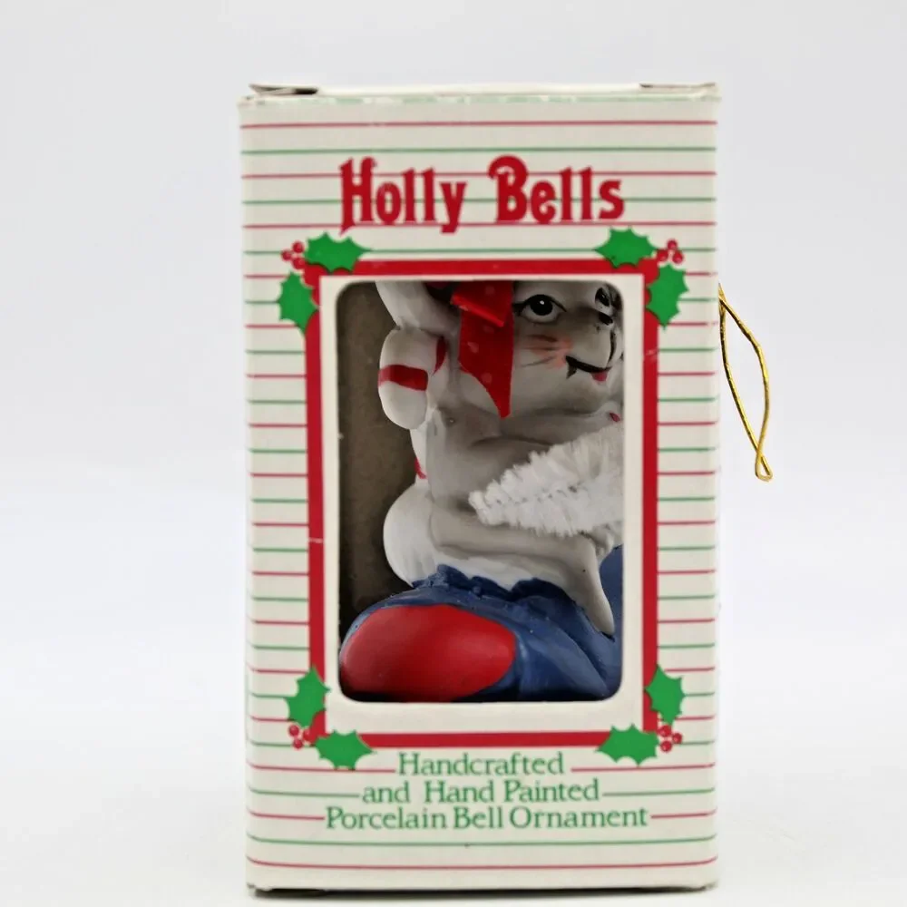 Holly Bells Porcelain Mouse Stocking Bell Ornament Vintage 1986 Original Box b
